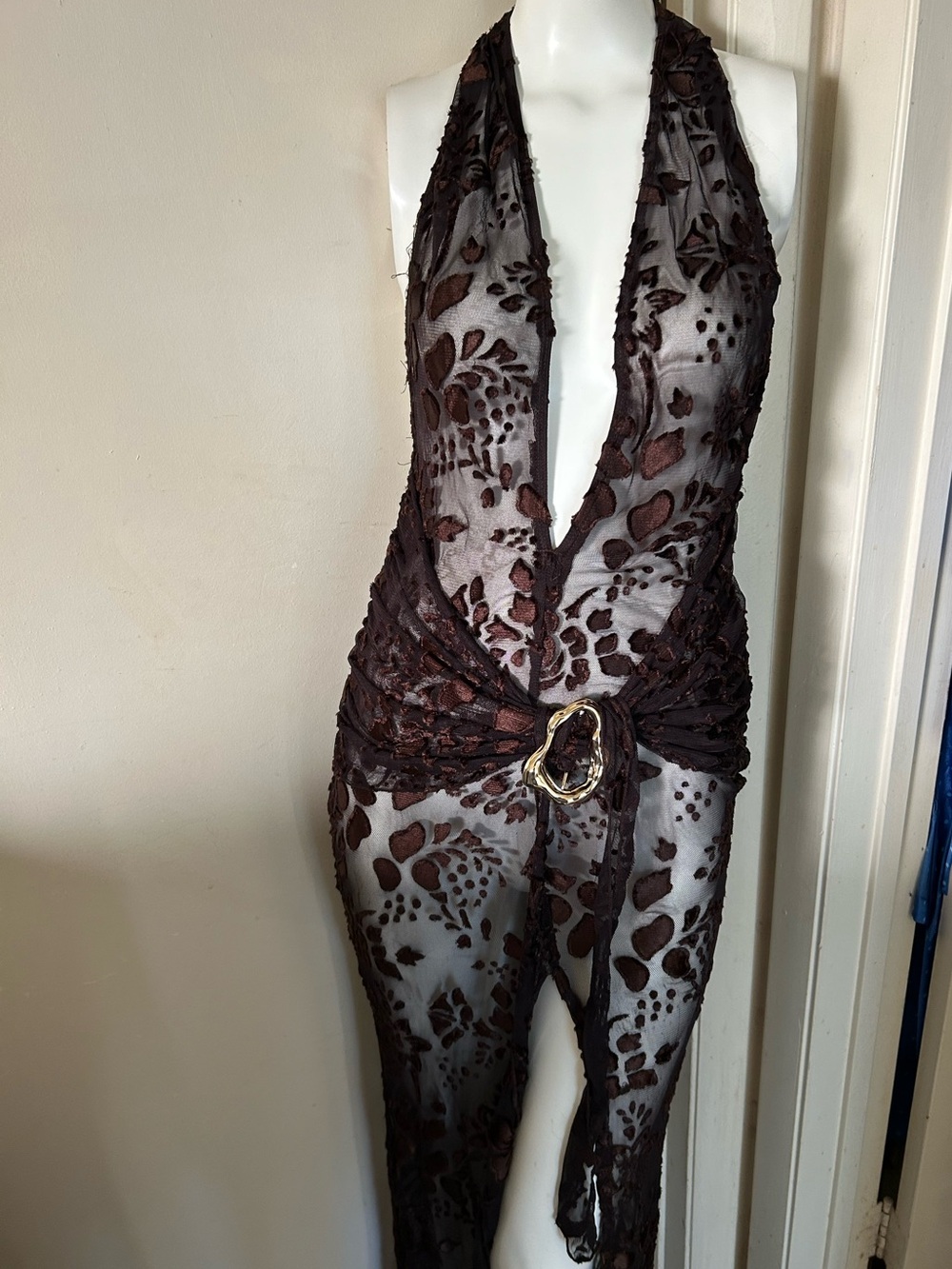 PrettyLittleThing Brown Floral Burnout Sheer Halter Top with Gold Luster